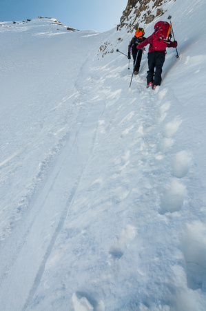 After abandoning the skis, we boot packed up to the ridge before roping up.