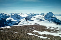 This is looking back towards the Wapta Icefield with Thompson, Baker, Peyto and Trapper in the distance.