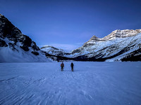 Crossing Bow Lake in predawn light.