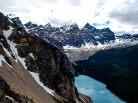 Moraine Lake and the Valley of Ten Peaks. From R to L, Neptuak, Deltaform, Tuzo, Allen, Perren, Bowlen and Little.