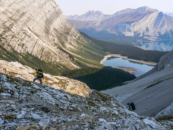 Vern and Rod come up the headwall with Hidden and Upper Kananaskis Lakes in the bg.