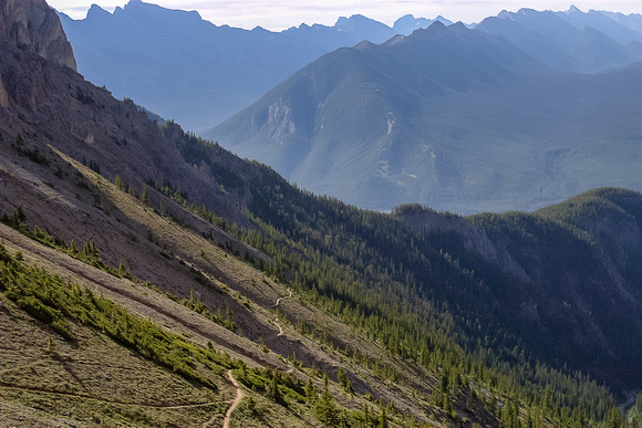 The trail up to Cory Pass is clearly illuminated as seen from the pass.