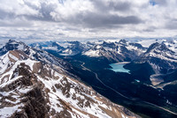 Views past Silverhorn (L) include Bow and Peyto Lake and the Wapta Icefield at right.