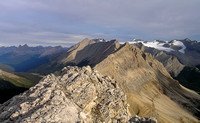 Now on the main summit of Oyster looking at Molar in the far distance (L) and the Drummond Icefield on the right.