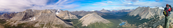A great summit pano showing (L to R) Brachiopod, Fossil, Skoki, Hector, Red Deer Lake, Cyclone, Pipestone and the Drummond Icefield.
