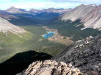 Looking over the Red Deer Lakes up the Little Pipestone River towards Hector and Molar Mountain.