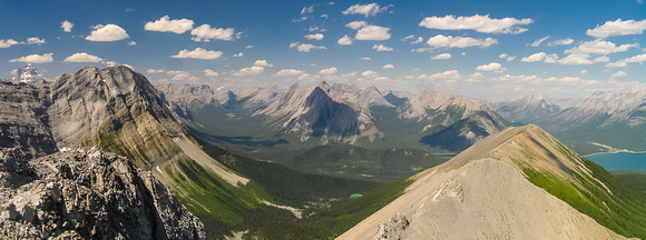 Looking between Shark (L) and Tent Ridge (R) up the Bryant Creek valley that is used to access Mount Assiniboine on the far left in the bg.