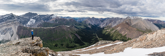 Phil surveys Peters Creek. Bellow Peak at left, Mount Peters at center and Condor Peak at right.