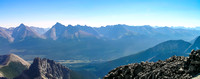 Galatea, Chester, Kent Ridge and other peaks between Spray Lakes Road and Hwy 40 show up in the summer haze.