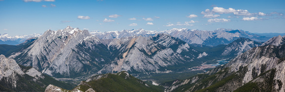 A panorama of peaks along the front ranges includes (L to R), Lorette, Skogan, Mary Barclay's and Yates with many others in the background.