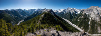 Great views of both Porcupine (L) and Wasootch (R) creeks with our summit at distant center. Peaks include Boundary, Tiara, Old Baldy and Kananaskis (L to R).