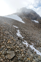 Near the col, looking up to the Jenga gully on Top Hat Peak.