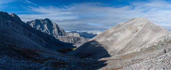 Views back from the pass towards Mount Engadine and Buller Pass Peak (R).