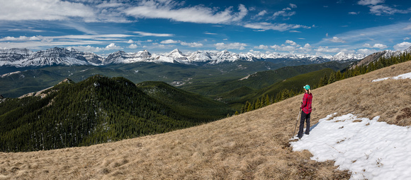 Great views from the open grassy slopes just west of the summit. Cat Creek Hills at left with the High Rock Range in the distance at Highwood Pass peaks at distant right.