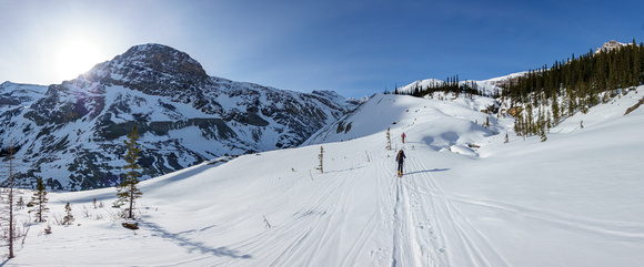 Skiing up Peyto Creek to the canyon by-pass moraine.