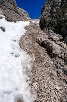 Looking up the steep, loose gully used to access the summit of Augusta.
