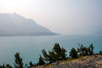Mount Michener barely shows up over a smoky Abraham Lake.