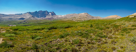 Hiking the Afternoon meadows between Afternoon Peak (L) and Mount McDonald (R).