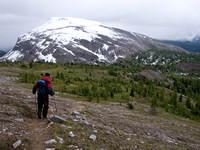 Descending to Og Pass with our second mountain (Cave) in the background.
