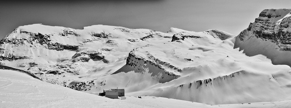 Skiing onto the Wapta Icefield. The Bow Hut is below us now. Crowfoot mountain in the background.