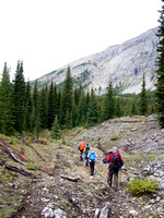 The group trudges up the horse trail to Assiniboine Pass.