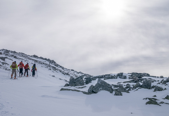 Working our way up the snow gully.