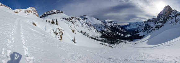Skiing up moraines at the back of Chickadee Valley.