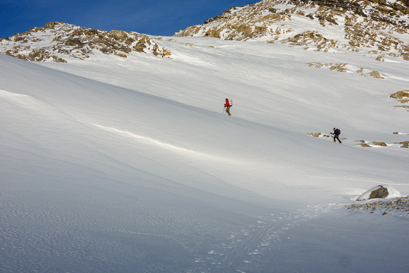 Skiing up the headwall to the Wapta above the Bow Hut.