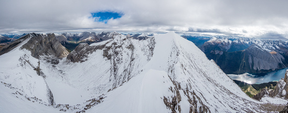 Pano of the east ridge at my turn-around point due to another exposed, snowy, icy drop-off. Cautley on the left and Marvel Lake on the right.