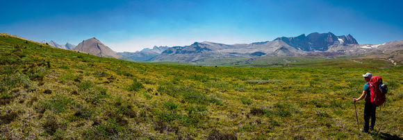 Hiking the Afternoon meadows between Afternoon Peak (L) and Mount McDonald (R).