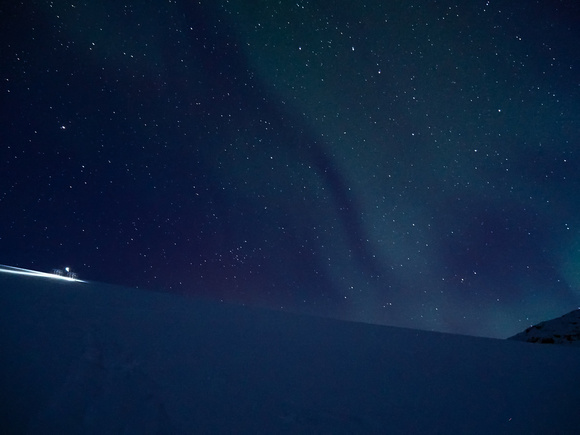 Northern lights, stars and Steven's head lamp as we work our way up the headwall to the main Wapta Icefield.
