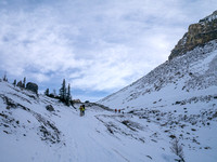 Following the snowmobile track from Skoki Lodge up to Boulder Pass.